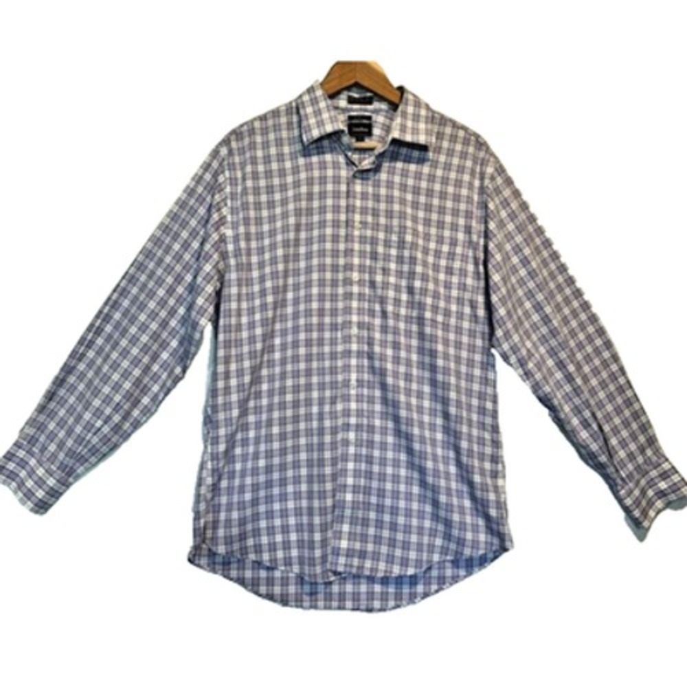 Neiman Marcus Mens Medium Purple Plaid Trim Fit Cotton Button Up Shirt 16 32/33